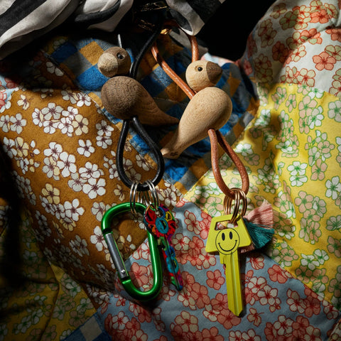 Kay Bojesen Bird Keychain w Golden Metal and Brown Leather