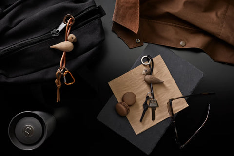 Kay Bojesen Bird Keychain w Golden Metal and Brown Leather