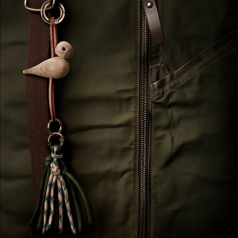 Kay Bojesen Bird Keychain w Golden Metal and Brown Leather