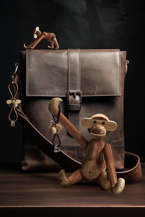 Kay Bojesen Monkey Keychain w Sliver Metal and Black Leather
