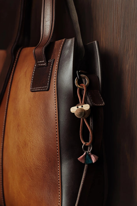 Kay Bojesen Monkey Keychain w Golden Metal and Brown Leather