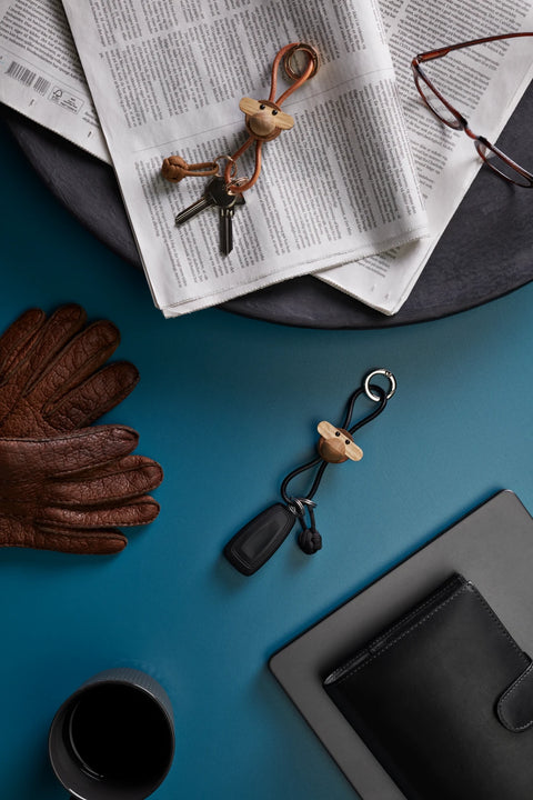 Kay Bojesen Monkey Keychain w Golden Metal and Brown Leather